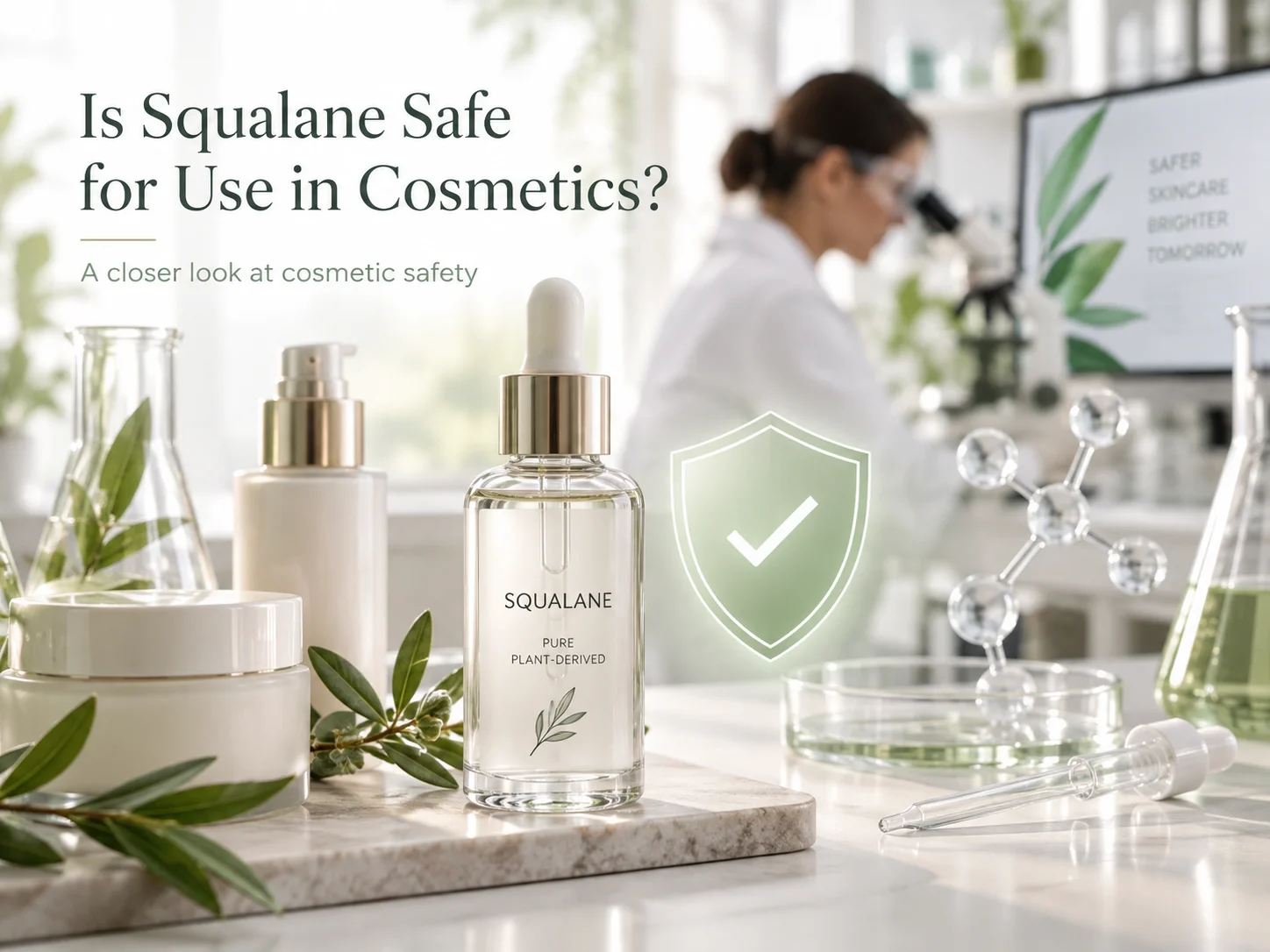 Squalane cosmetic product bottles on a laboratory table surrounded by green leaves, with a scientist working in the background.